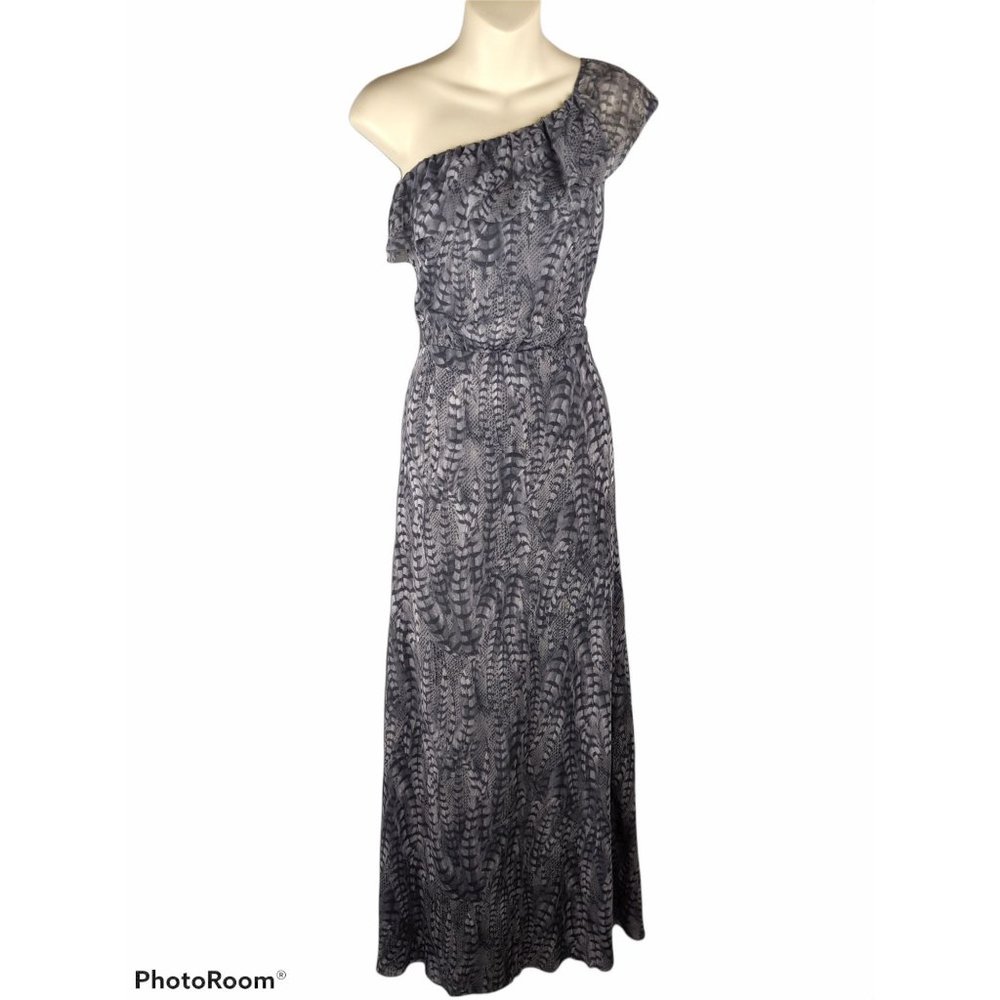 Anthropologie Sweet Pea Gray Maxi Dress M feather print one shoulder ruffles